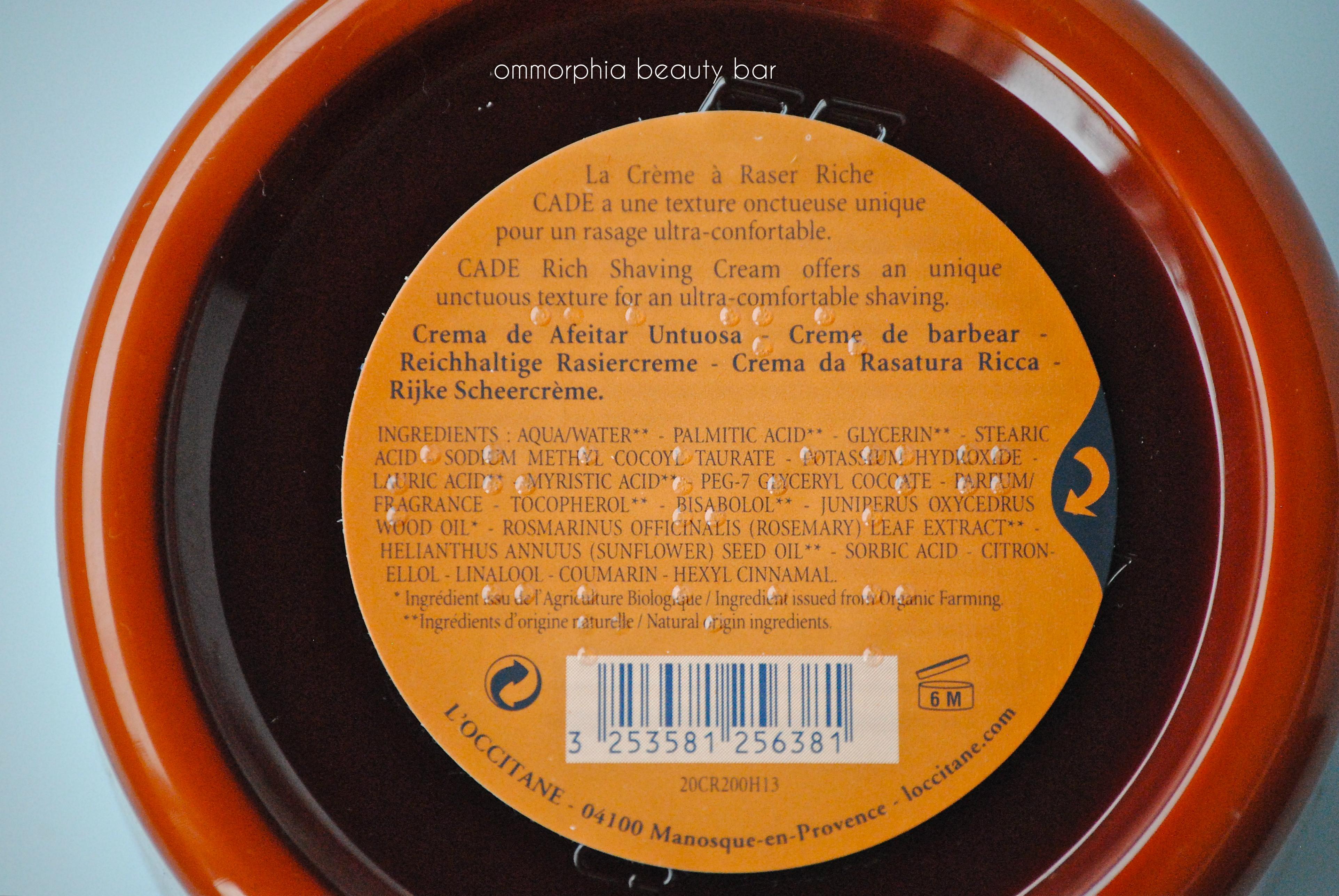 L'Occitane Cade Rich Shaving Cream ingredients