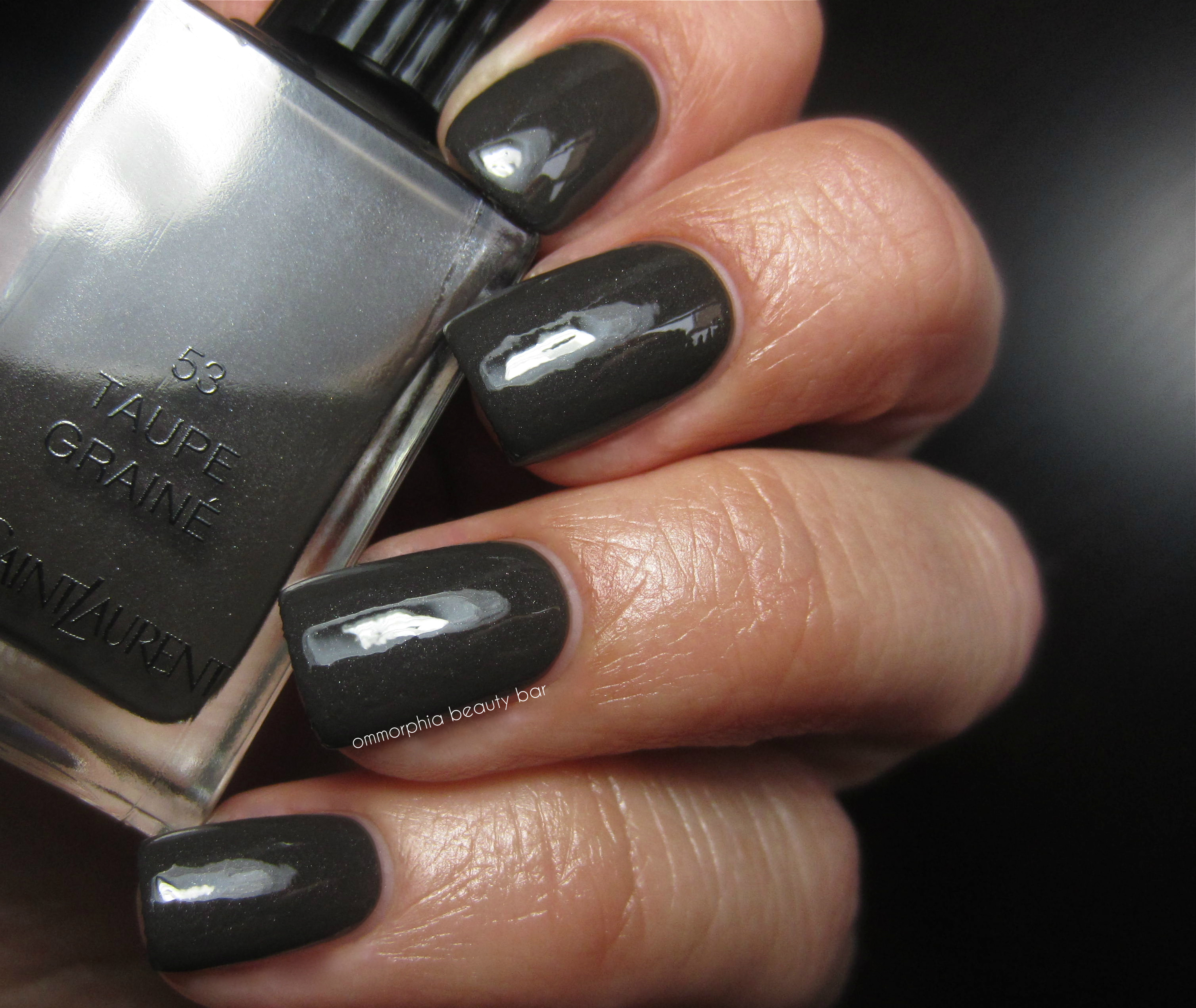 YSL #53 Taupe Grainé swatch with top coat